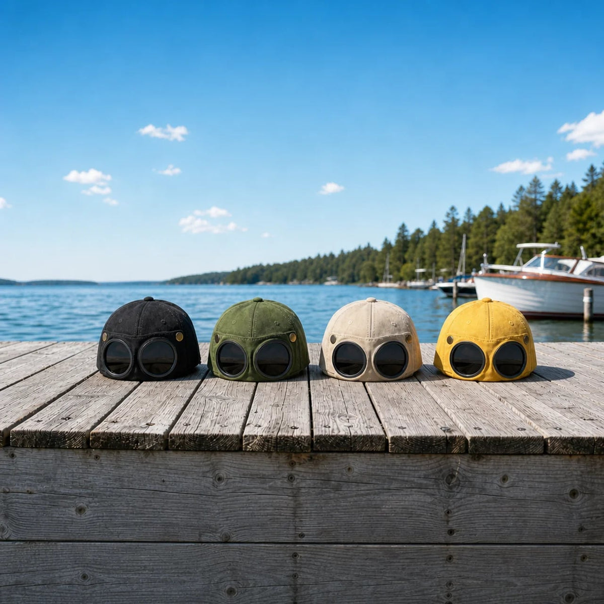 Four vintage-style aviator caps in black, olive green, beige, and yellow are lined up on a weathered wooden dock with a scenic lake, forest, and boats in the background.